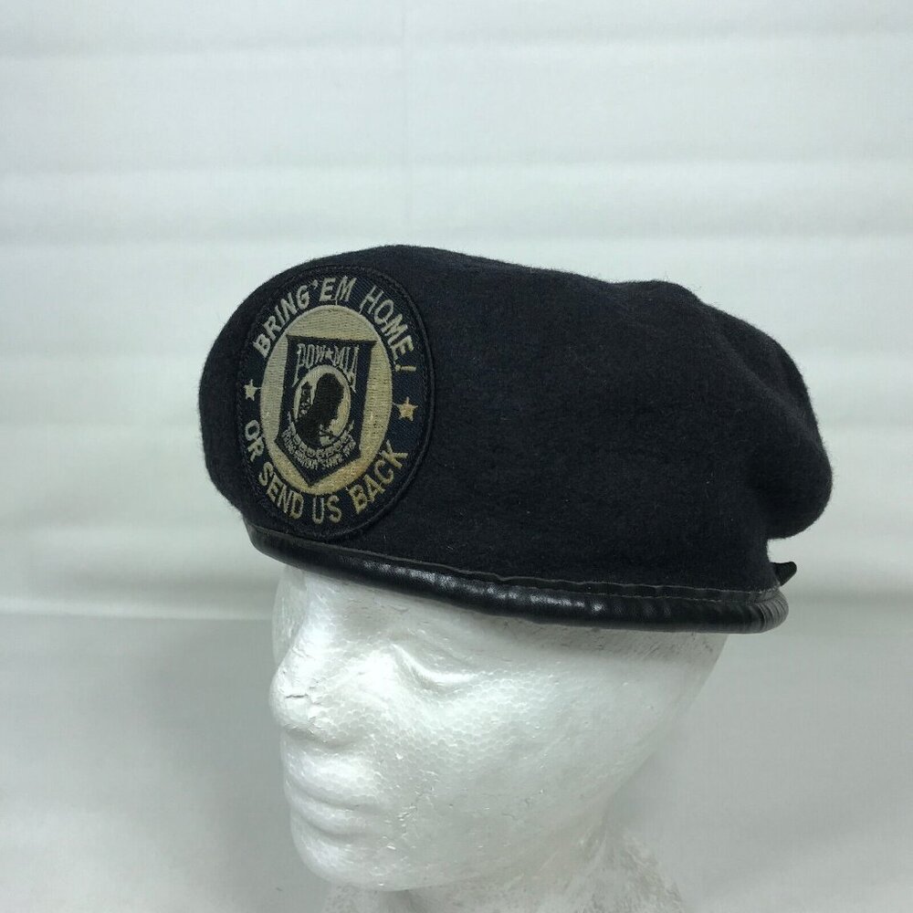 VTG Bancroft Military Caps Black 100% Wool Beret POW-MIA Patch Hat Size 7